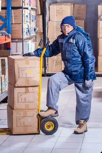 Hombre vestido de azul transportando unas cajas