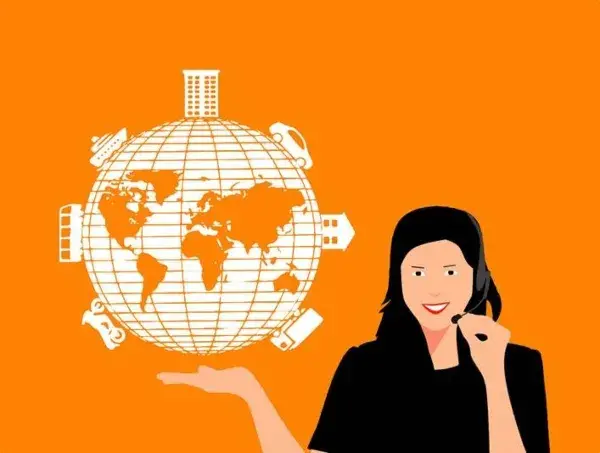 Teleoperadora sosteniendo una bola del mundo sobre fondo naranja