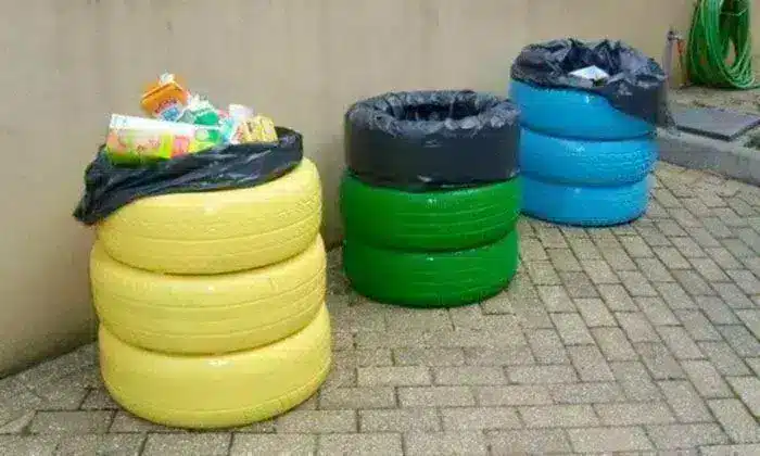 20 tire recycling ideas: Trash bin made from recycled tires
