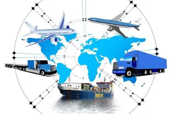 Diversos medios de transporte como el camion, avion... De color azul como la bola del mundo