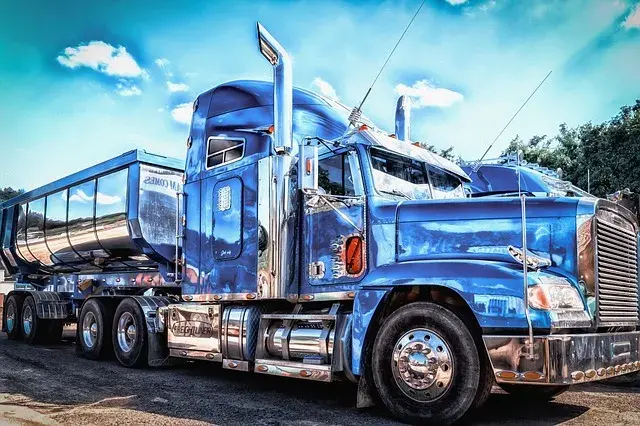 Camion de empresa de transporte americano de color azul aparcado