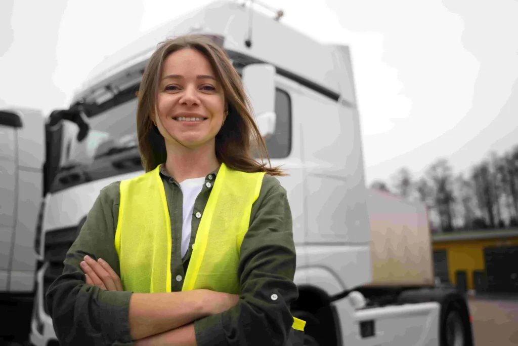 Professional female driver in a yellow vest outdoors - Road transportation