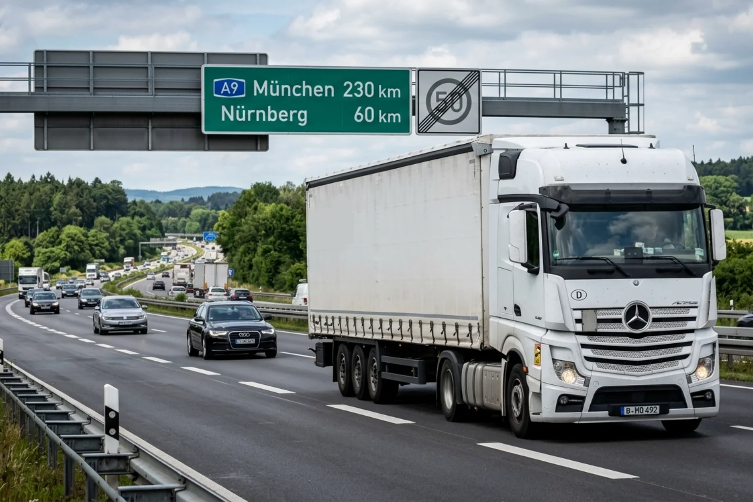 Camión de transporte de mercancías en la autopista A9 de Alemania, dirección Múnich y Núremberg