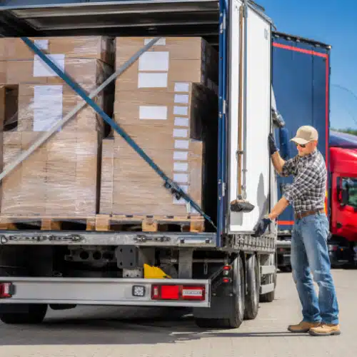 Hombre cerrando camion con carga completa