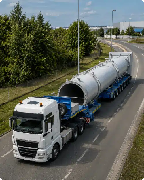 Imagen superior de un camion con carga especial en la carretera
